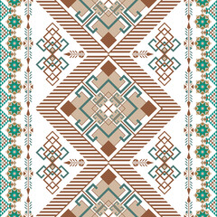 a geometric tribal pattern with symmetrical designs in green, brown, and white. It features diamond shapes, zigzags, and star-like patterns inspired by indigenous art. Native American ethnic Navajo 