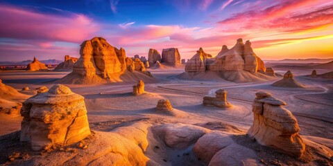 Fototapeta premium Miniature Kalut Desert rocks bathed in Iran's pink sunset glow; tilt-shift magic.