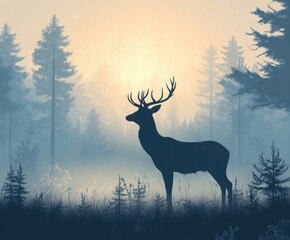 Majestic deer stag with antlers forest mist wildlife natural habitat close-up serenity