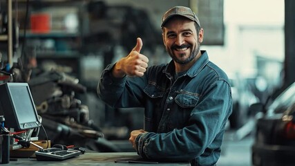 Mechanic's Thumbs Up: A friendly and confident mechanic gives a thumbs up, signaling job well done. He stands confidently in his workshop, showcasing his expertise and professionalism.  
