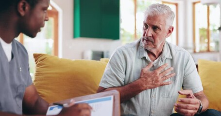 Nurse, mature man and discussion with checklist on sofa for healthcare, communication or consultation it home. Caregiver, advice and talking to elderly person for help, support and medical results