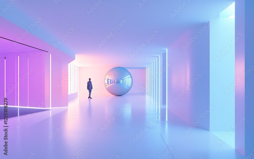 Aufkleber Empty modern space with spherical object, lit by neon light.  Possible use Interior design, futuristic concept