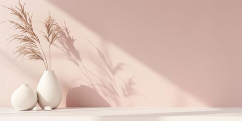 Fototapeta premium A minimalist aesthetic featuring a soft blush backdrop, Minimalist design elements arranged symmetrically, Modern minimalist style