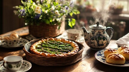 A British countryside Easter setting with an asparagus tart, a steaming pot of tea, and a basket of hot cross buns