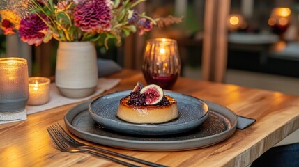 A high-end restaurant table setting with an elegant plate of foie gras, fig compote, and toasted brioche
