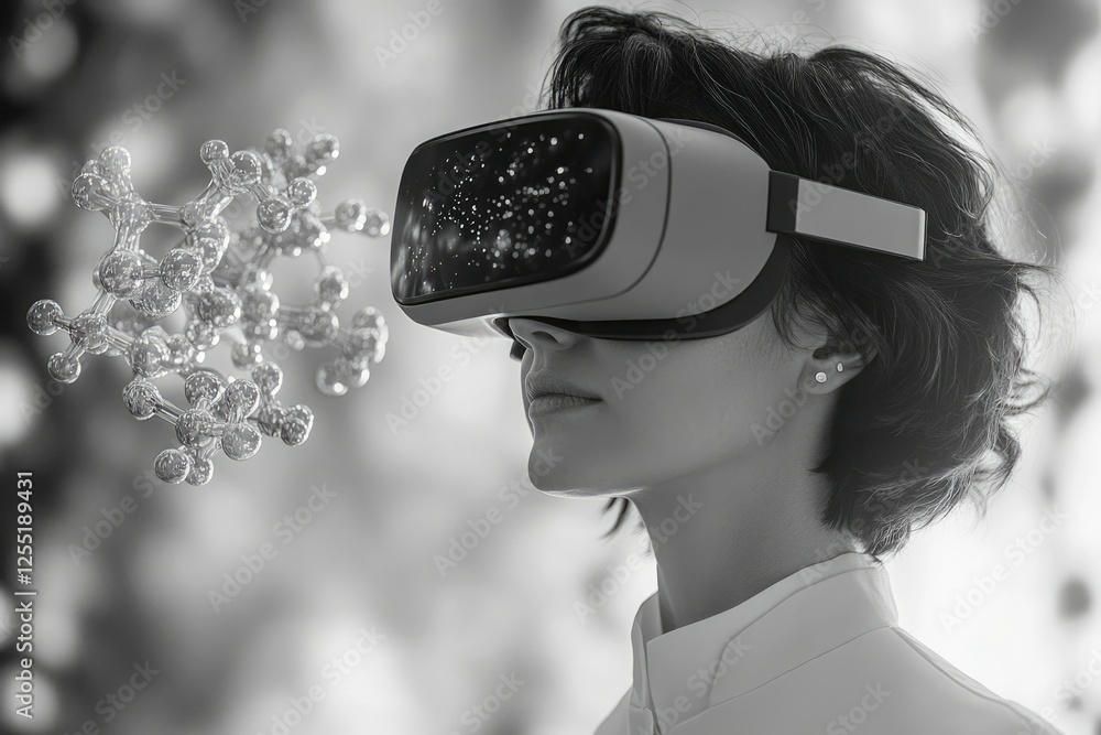 Poster a woman uses vr technology to visualize and explore a complex molecular structure.