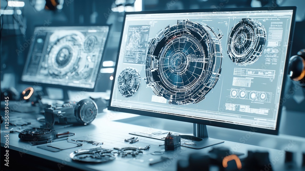 Poster The workstation of a concept artist is covered with blueprints of futuristic mechanical gears with transparent layers showing multiple angles of the design.