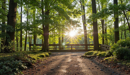 Fototapeta premium Forest path with sunlight filtering through trees.