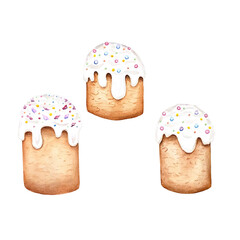 Easter cake drawn in watercolor, illustration on a white background. Happy easter Cute easter patterns, baking for the holiday.