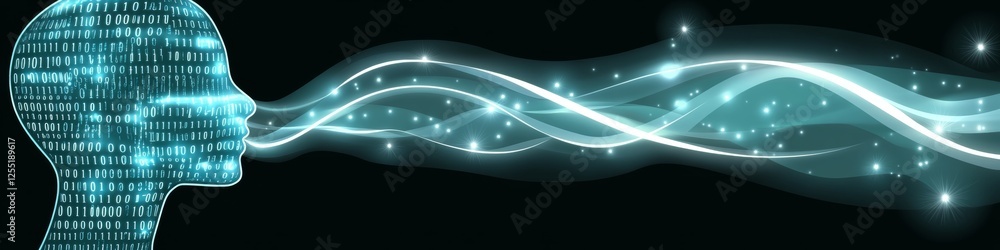 Aufkleber glowing blue circuit head with binary numbers exhaling azure light on dark sapphire background