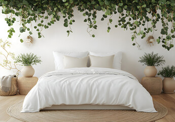 3D rendering of a bedroom with white walls, a wooden floor, and a bed in the center of the room. The wall is adorned with hanging plants to create an atmosphere of calmness and tranquility. 
