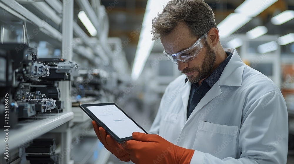 Aufkleber an assembly line supervisor, is reviews error detection metrics on a tablet while overseeing an auto