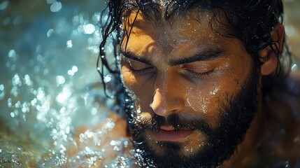 baptism of jesus man with black hair and beard in the water digital painting