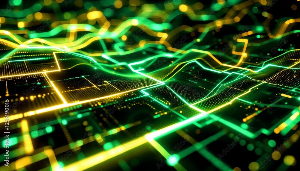 Poster data flow visualization futuristic digital grid with green and yellow light