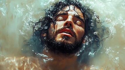 baptism of jesus man with black hair and beard in the water digital painting
