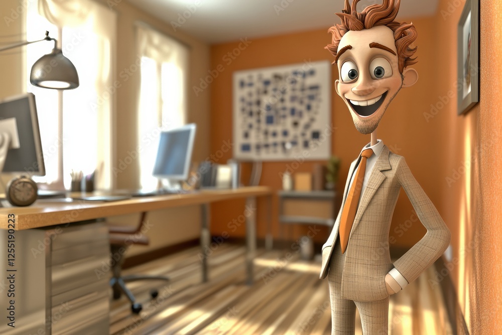 Poster cheerful animated character in a stylish office setting