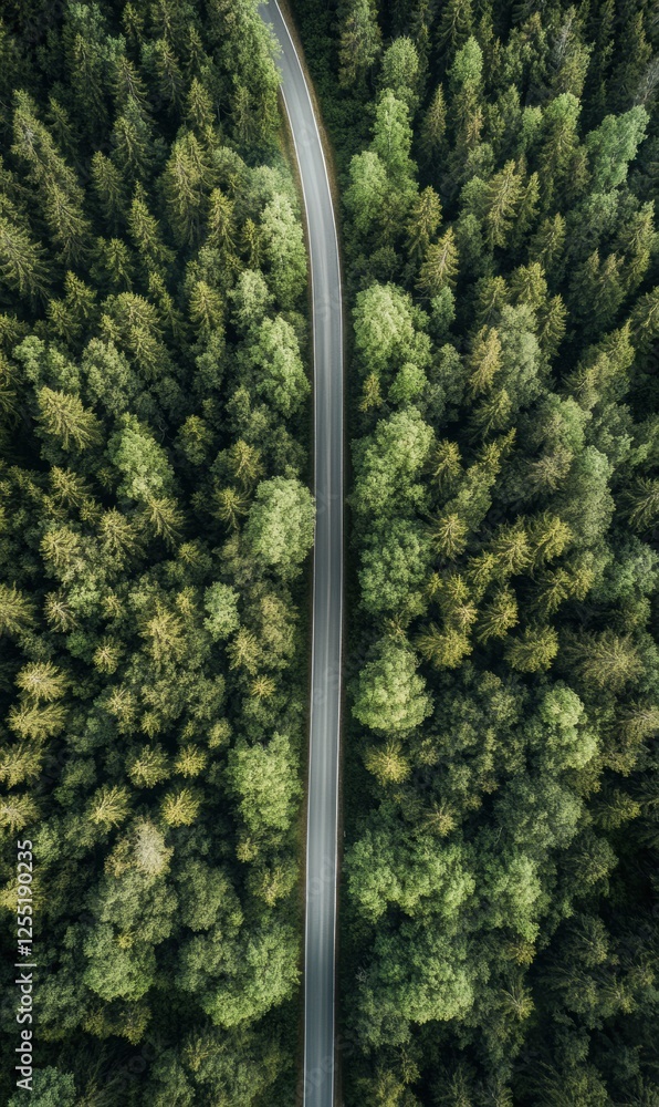 Poster straight road weaving through a lush forest under the clear blue sky surrounded by towering trees. g