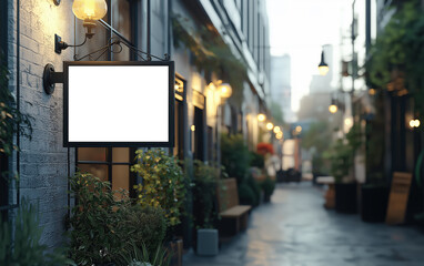 Mockup hanging sign, signage, lightbox. Poster city box, projecting blade sign. Template signage advertising citylight. Mockup outside signage, city light box, hanging sign. Realistic style photo