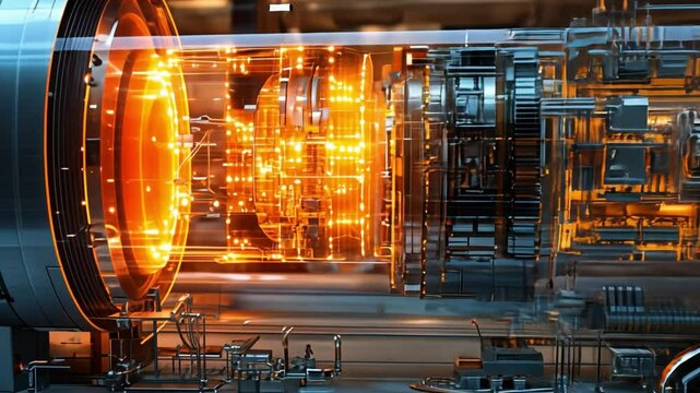 Fusion Reactor: A conceptual visualization of a fusion reactor, radiating with intense energy and showcasing complex technological components.