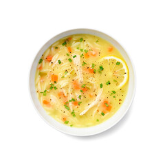Fresh Prepared Lemon Chicken Orzo Soup. Healthy food. Isolated on White  Background, top view	