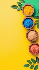 Three bowls of colorful powders arranged on a bright yellow background for food coloring photography