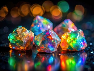 Raw opal bokeh: vibrant gemstone bursts against a deep black backdrop.