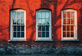 Warm Hues of Evening Sunlight Bathe Historical Brick Wall and Windows. Generative AI