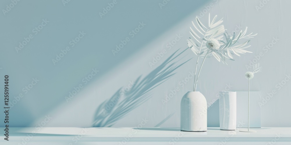 Poster a minimalist aesthetic featuring a soft ice blue backdrop, minimalist design elements arranged symme