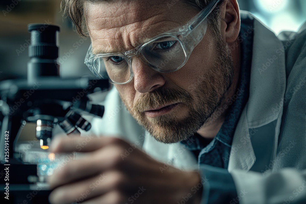 Poster a focused scientist meticulously examines a sample under a microscope in a laboratory setting.