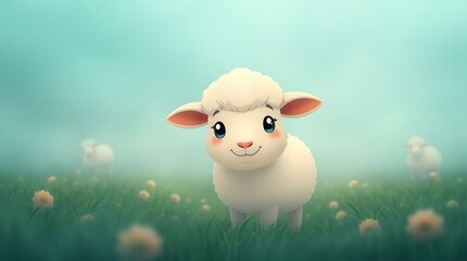 Adorable Cartoon Sheep in a Pastoral Landscape
