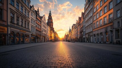 Fototapeta premium Sunrise On Cobblestone Street In European City