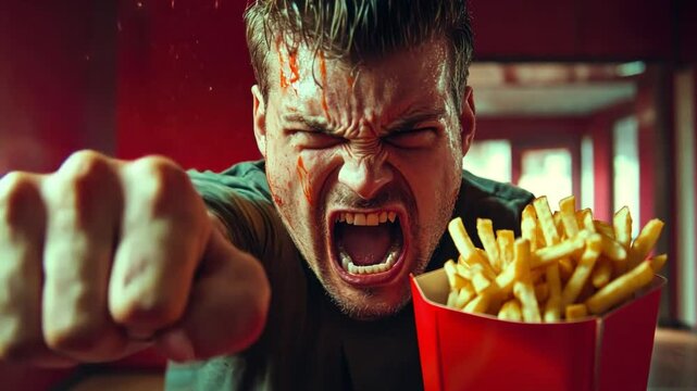 French Fry Fury: A man, face contorted in rage, screams with bloody face, fist clenched, and a box of french fries in the foreground. The scene is intense, dramatic.