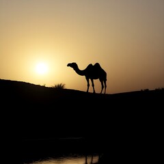 A lone camel standing beside a dried-up oasis, its silhouette stark against the setting sun.