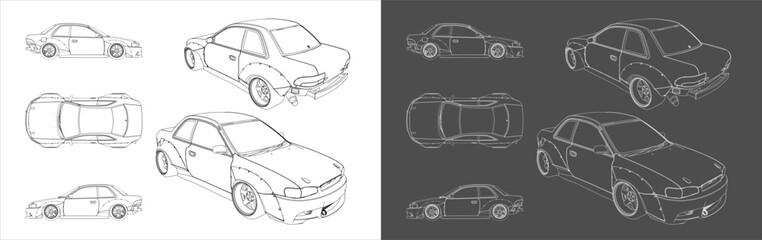 Set Racing Drift Car Line Drawing Technical Blueprint Illustration © WINDERFULL STUDIO