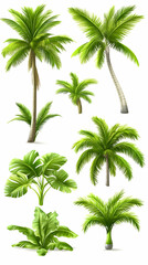 Tropical palm trees, banana plants, white background, design elements
