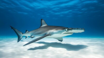 Fototapeta premium A lone hammerhead shark patrolling the ocean depths, moving gracefully through silence.