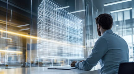 In a glass-walled office, a structural engineer is looking at stress distribution on a digital model.