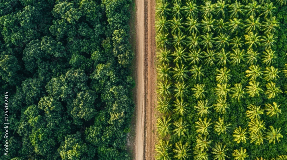 Aufkleber winding road vanishing into a lush greenery of a dense forest with vibrant palm trees along the way.