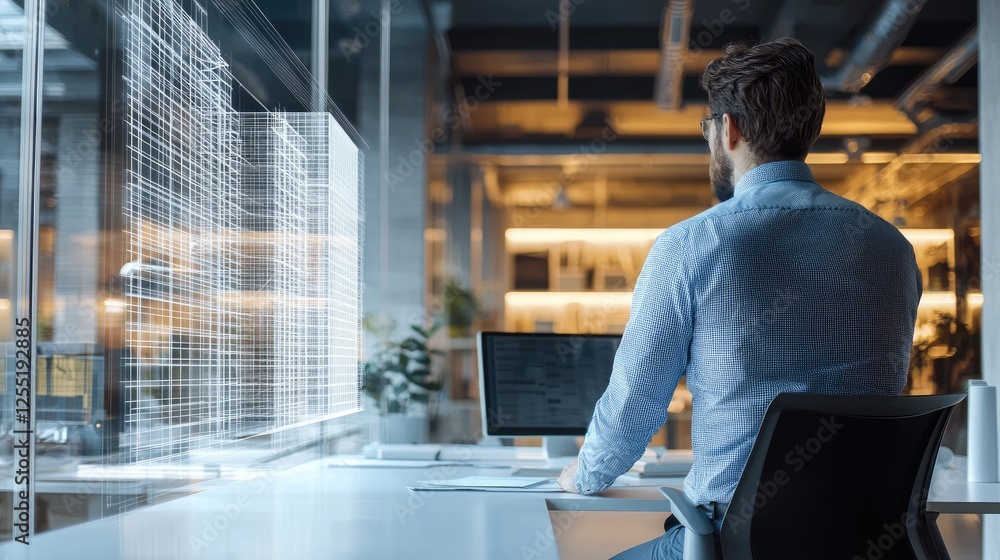 Aufkleber in a glass-walled office, a structural engineer is looking at stress distribution on a digital model