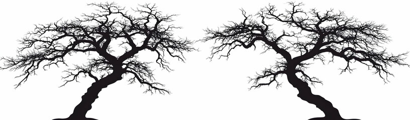 Two bare tree silhouettes, white background, design element