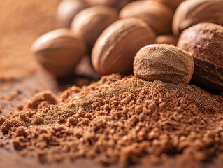 Whole Nutmeg Spices with Freshly Ground Nutmeg Powder Texture Close-up