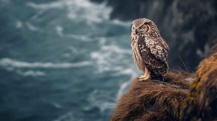 A lone owl standing against harsh winds on the edge of a cliff, its feathers ruffled.