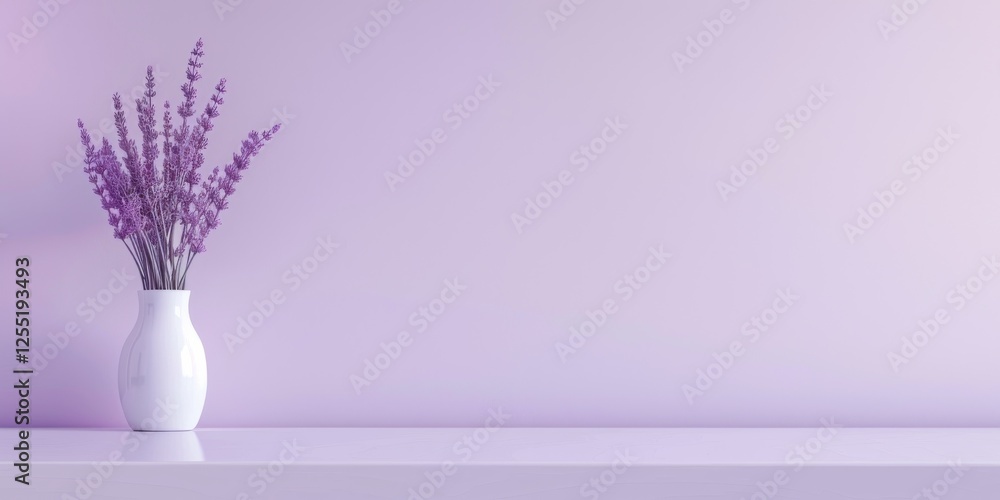 Poster a minimalist aesthetic featuring a soft lavender mist backdrop, minimalist design elements arranged 