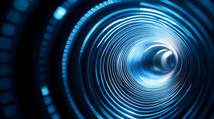 Futuristic blue tunnel with glowing circles.