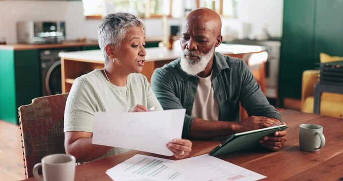 Old couple, talking or tablet in home with policy paperwork, or budget in interracial marriage. Planning, investment or senior people with documents for retirement savings growth or insurance fund