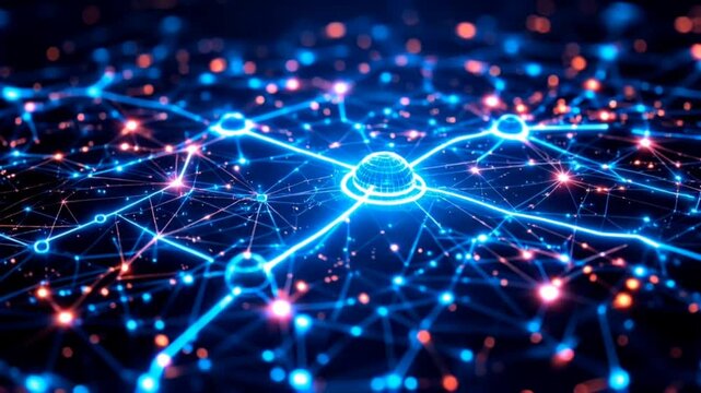 Central neural network hub with glowing blue nodes on dark futuristic background