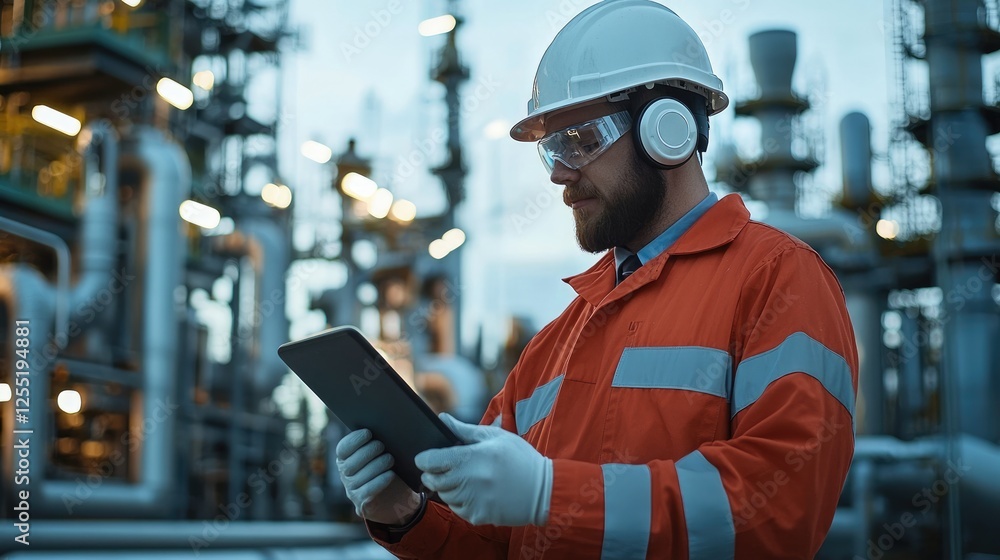 Fototapete engineer checking pipeline pressure and system diagnostics on a tablet while industrial pipes and pr