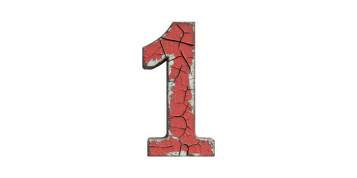 Weathered red number one with cracks isolated on transparent background - Powered by Adobe