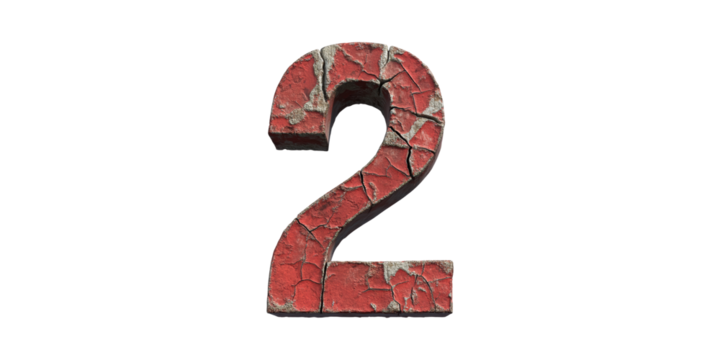 Textured red number 2 with cracked surface isolated on transparent background - Powered by Adobe