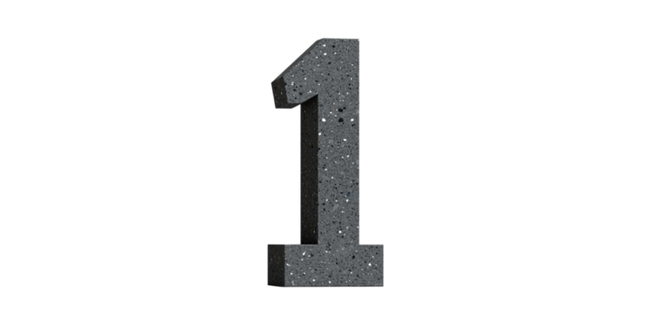 Concrete number one figure with textured surface isolated on transparent background